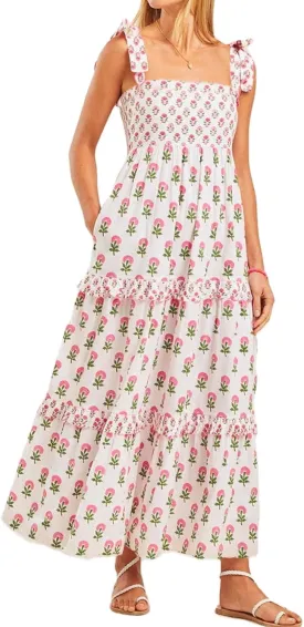 Women Summer Boho Tie Shoulder Dress Y2k Floral Smocked Flowy Long Dress Ruffle Tiered Beach Vocation Sundress