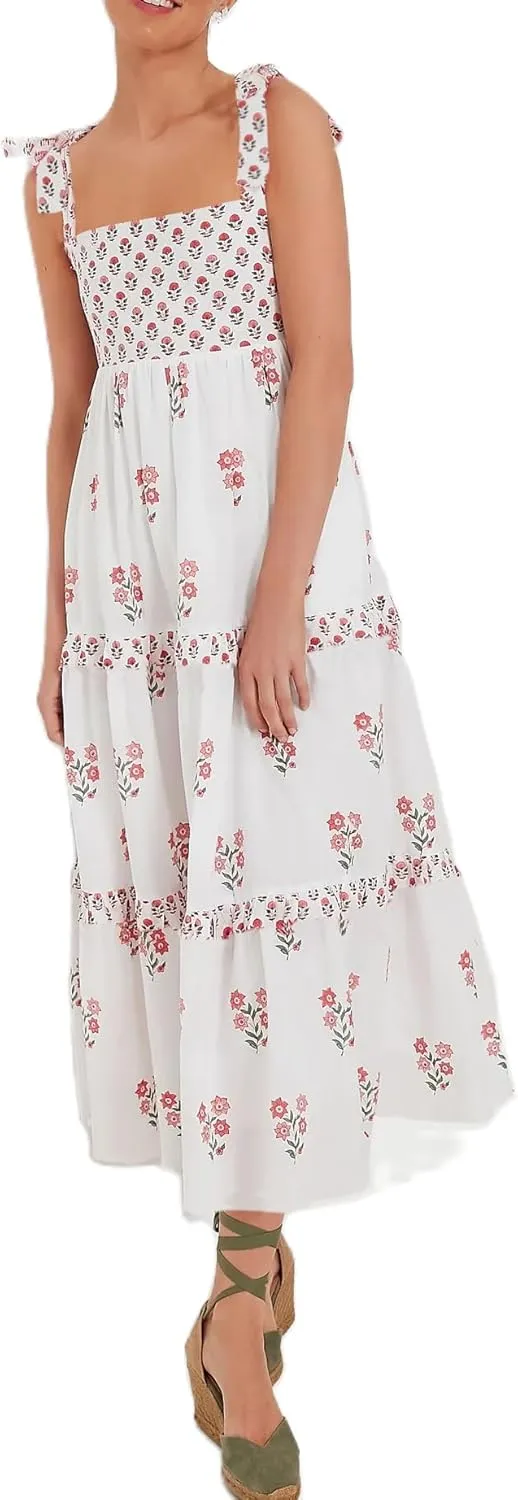 Women Summer Boho Tie Shoulder Dress Y2k Floral Smocked Flowy Long Dress Ruffle Tiered Beach Vocation Sundress