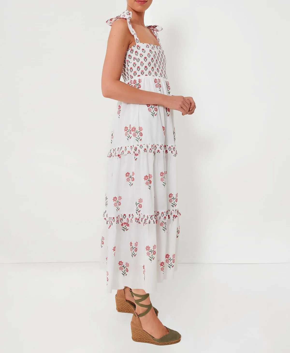 Women Summer Boho Tie Shoulder Dress Y2k Floral Smocked Flowy Long Dress Ruffle Tiered Beach Vocation Sundress