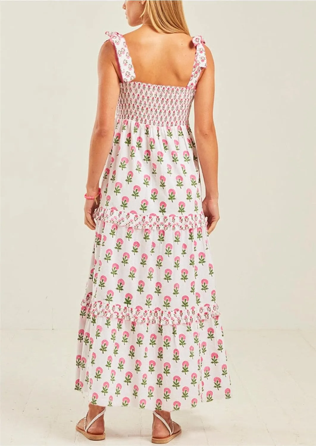 Women Summer Boho Tie Shoulder Dress Y2k Floral Smocked Flowy Long Dress Ruffle Tiered Beach Vocation Sundress