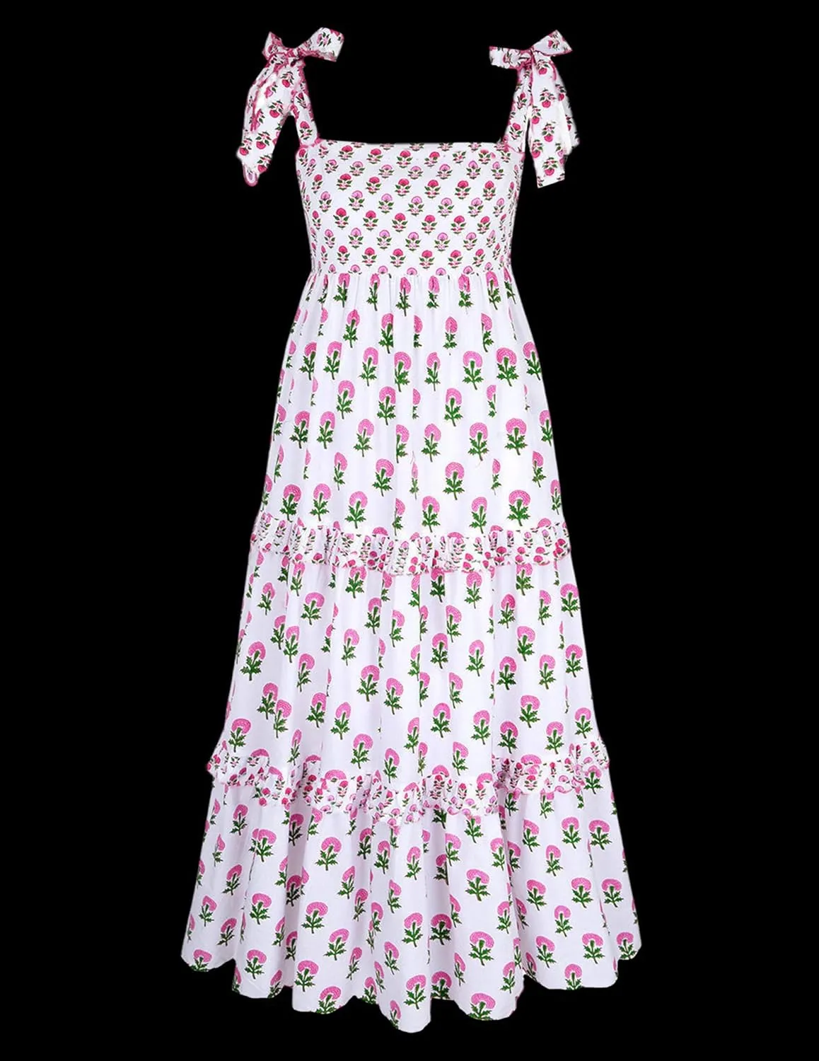 Women Summer Boho Tie Shoulder Dress Y2k Floral Smocked Flowy Long Dress Ruffle Tiered Beach Vocation Sundress