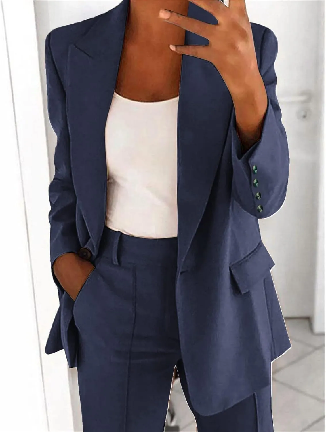 Womens 2025 Casual Temperament Solid Blazers Lapel Button Long Sleeve Cardigans with Pockets Loose Slim Formal Jackets