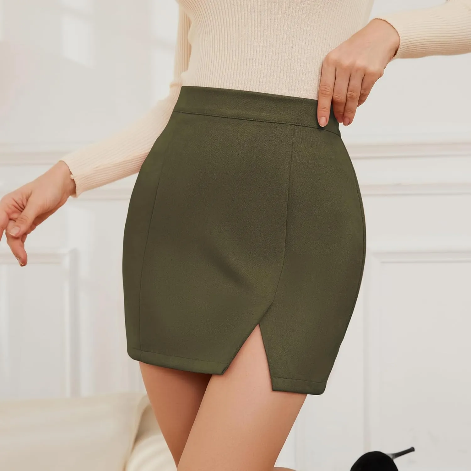 Womens Faux Suede Skirt with Slit High Waisted Mini Skirt Side Split A-Line Bodycon Short Skirt