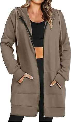Womens Longline Hoodie Fall Winter Full Zip up Drawstring Sweatshirt Ladies Knee Length Pullover Hooded Jacket Pocket