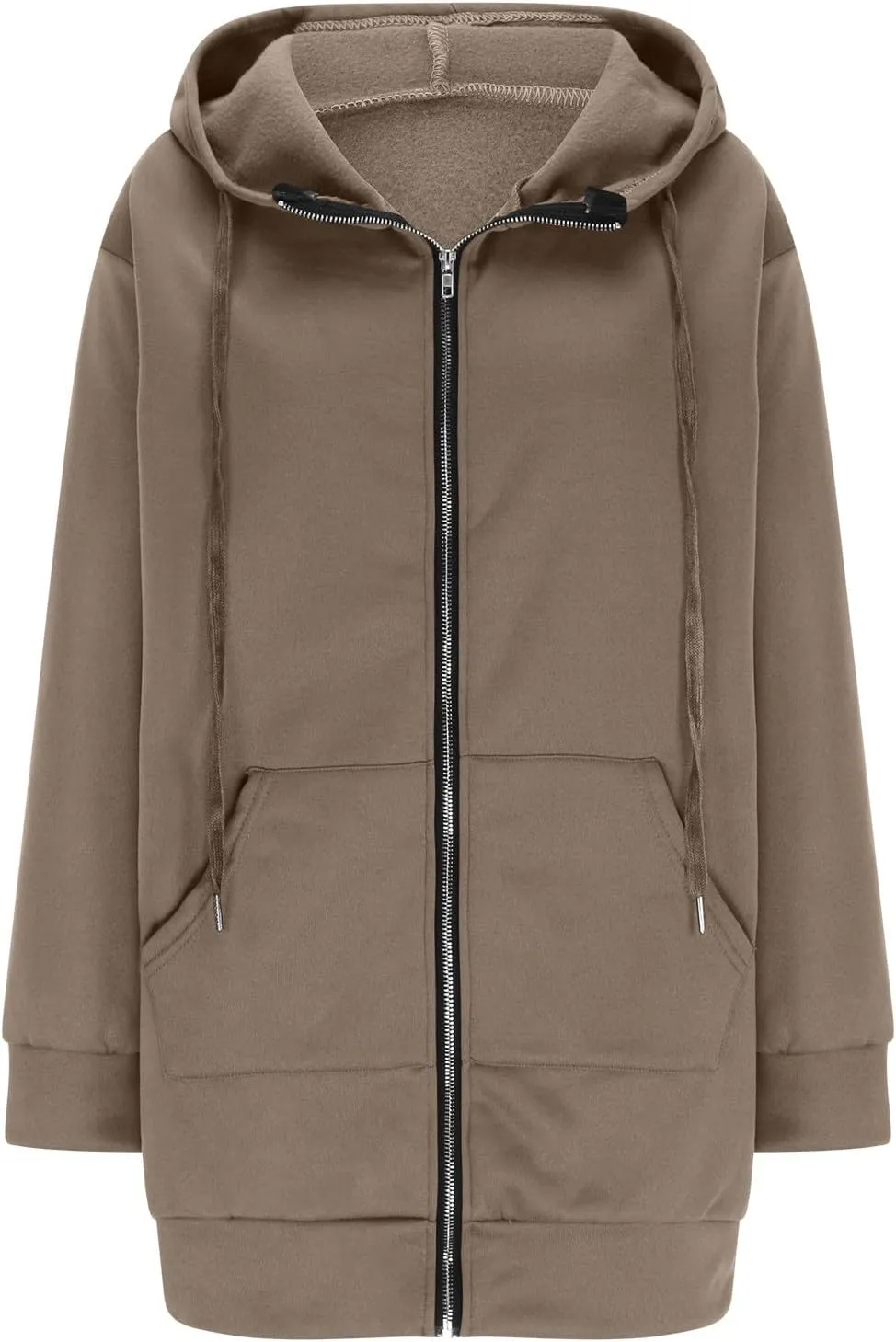Womens Longline Hoodie Fall Winter Full Zip up Drawstring Sweatshirt Ladies Knee Length Pullover Hooded Jacket Pocket