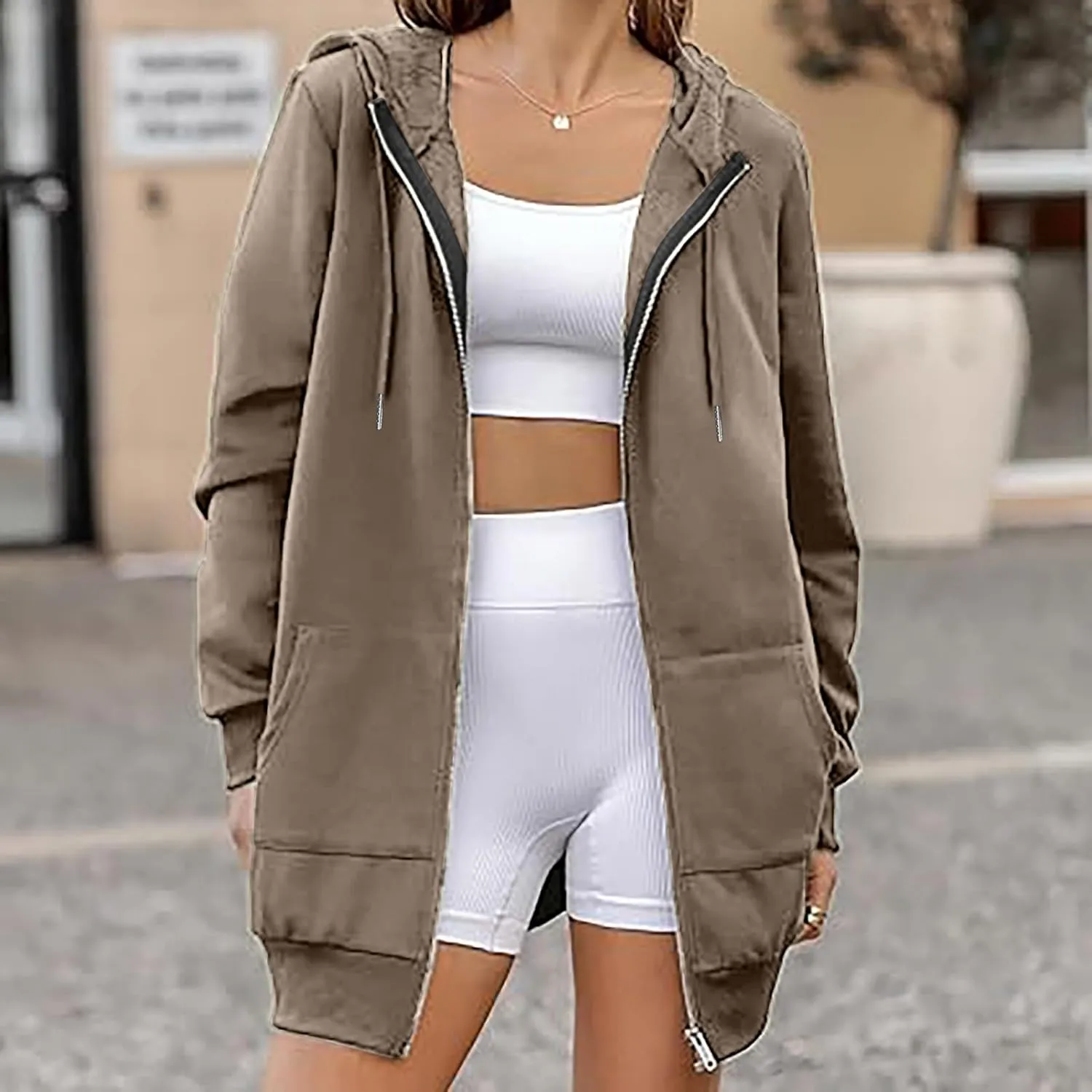Womens Longline Hoodie Fall Winter Full Zip up Drawstring Sweatshirt Ladies Knee Length Pullover Hooded Jacket Pocket