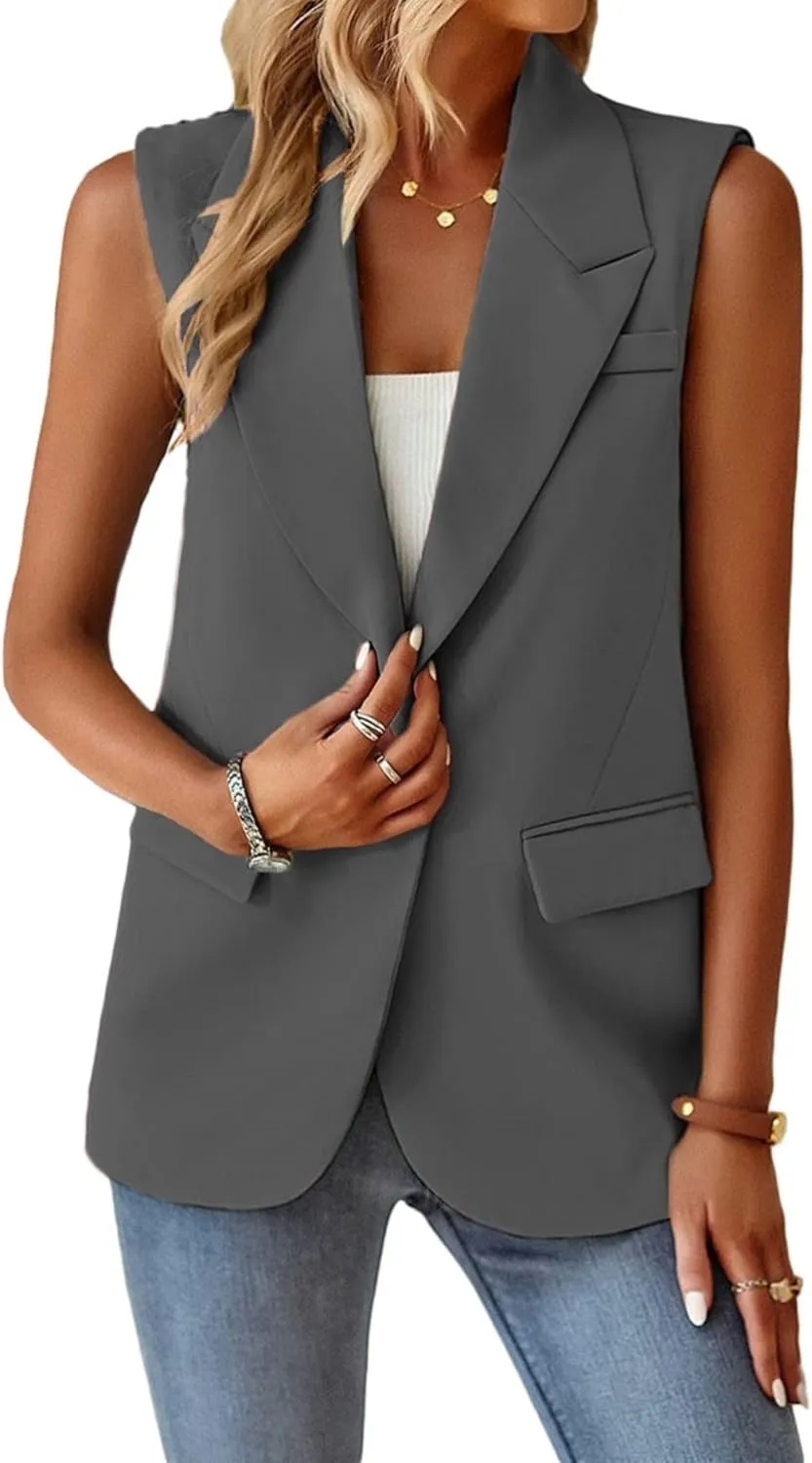 Womens Sleeveless Vest V-Neck Fashion Dressy Casual Open Front Trench Coat Jacket Cardigan Vests with Pockets