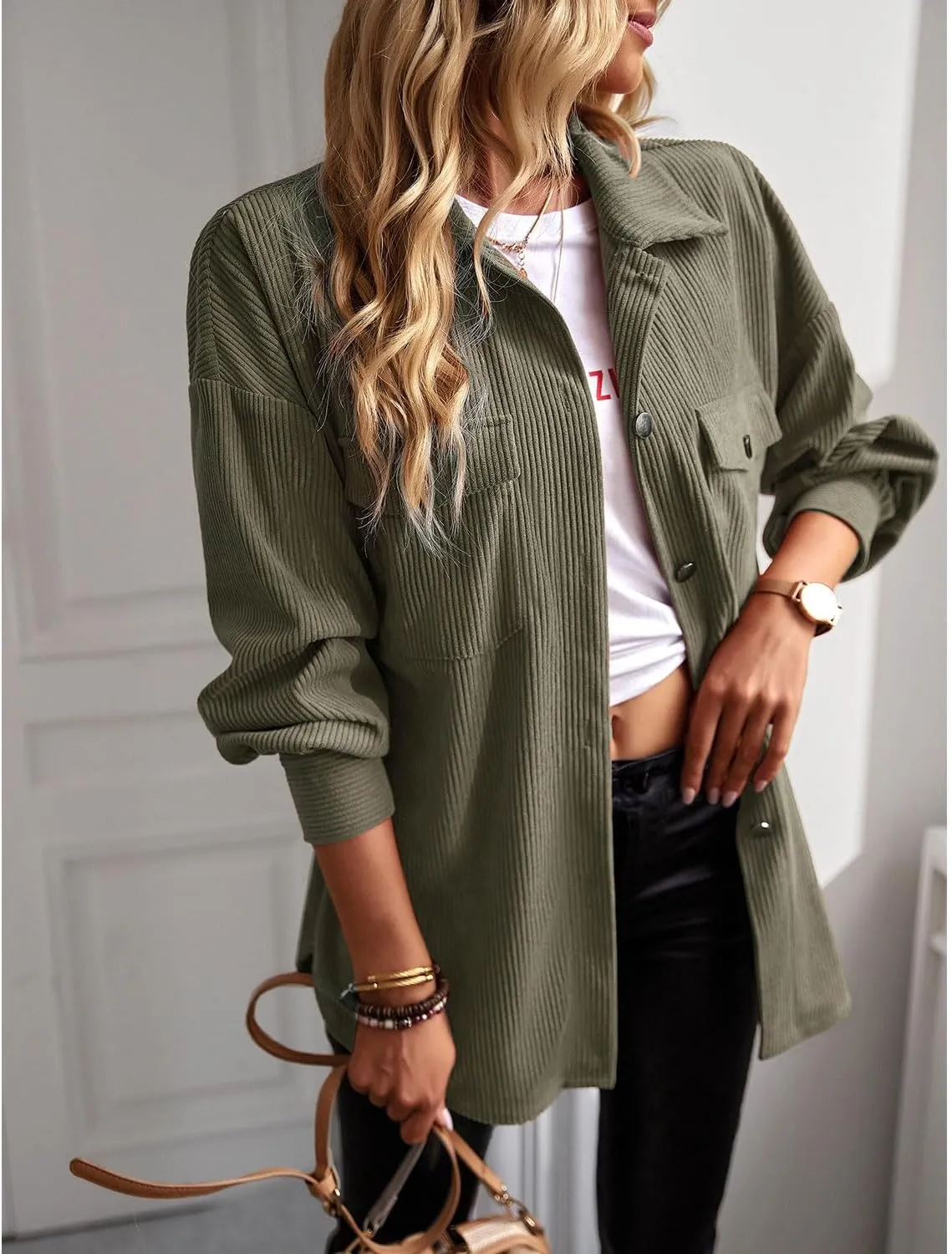 YNIQUE Women's Corduroy Shacket Boyfriend Shirt Jacket Long Sleeve Blouse Button Down Oversized Tops