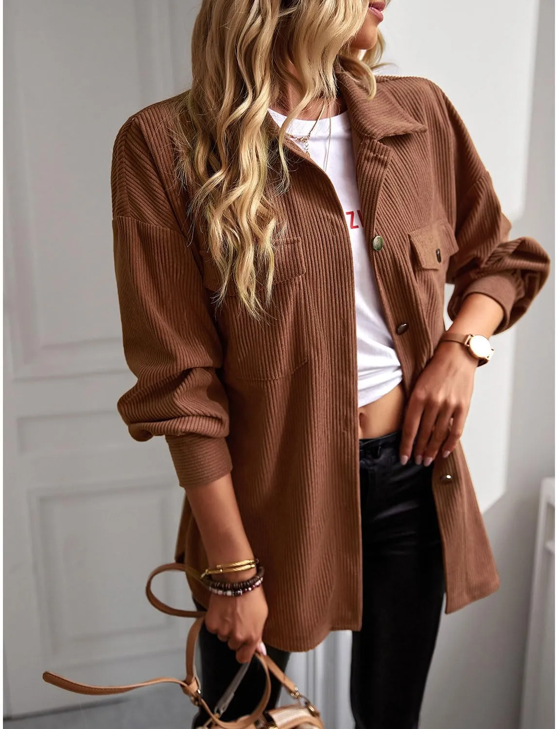 YNIQUE Women's Corduroy Shacket Boyfriend Shirt Jacket Long Sleeve Blouse Button Down Oversized Tops