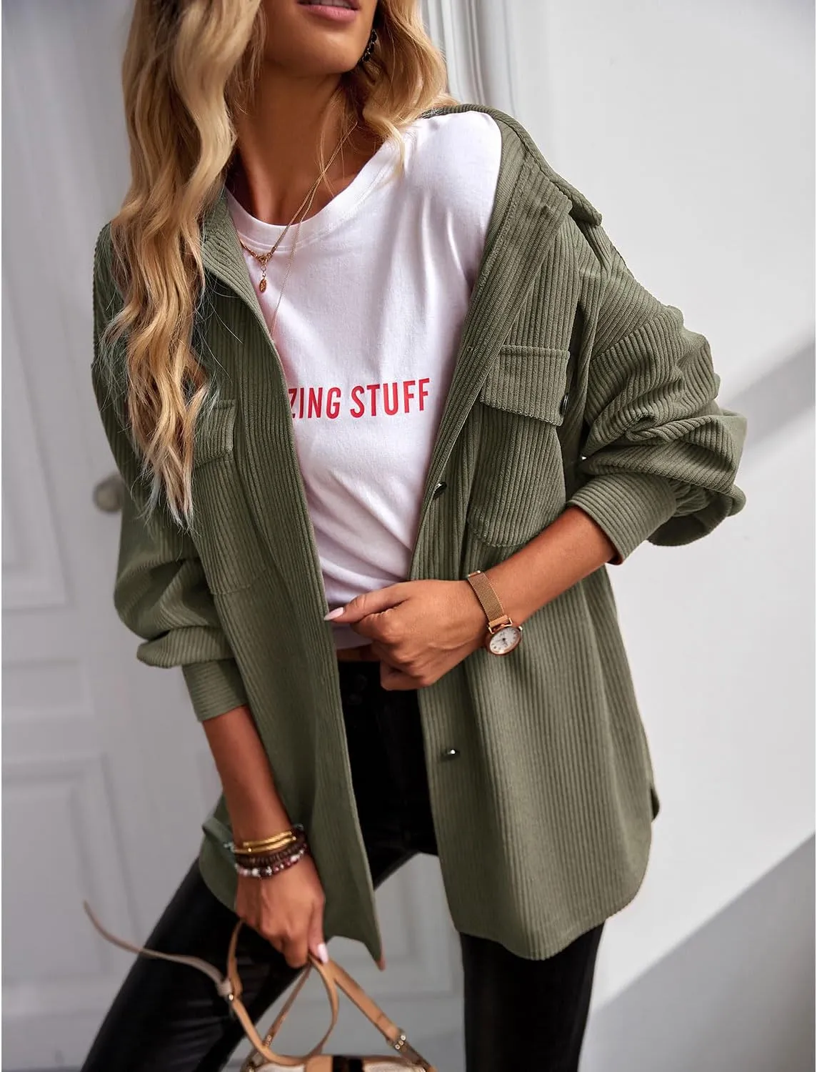 YNIQUE Women's Corduroy Shacket Boyfriend Shirt Jacket Long Sleeve Blouse Button Down Oversized Tops