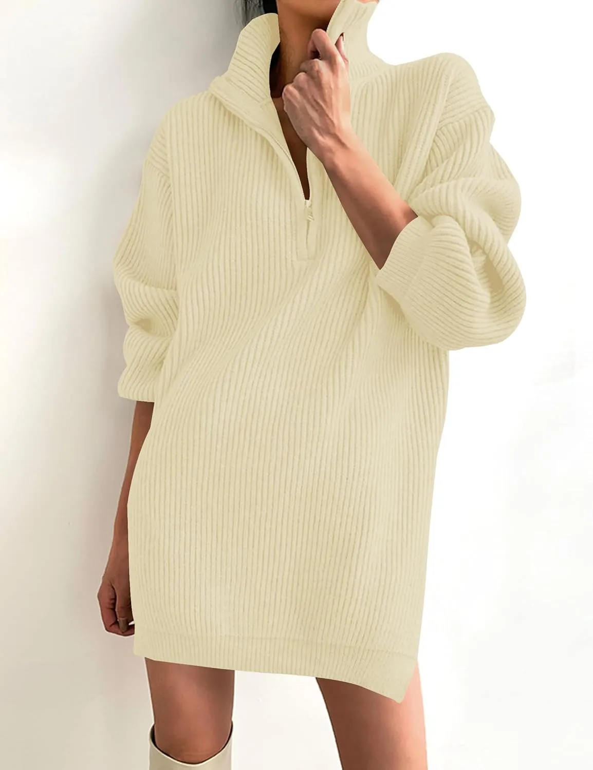 ZESICA Women's Long Sleeve Mini Sweater Dress Fall Quarter Zip Ribbed Knit Oversized Pullover Jumper Sweaters