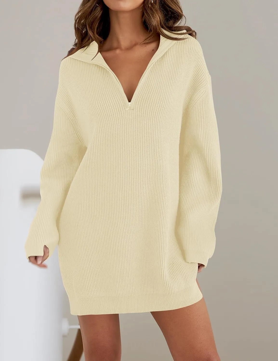ZESICA Women's Long Sleeve Mini Sweater Dress Fall Quarter Zip Ribbed Knit Oversized Pullover Jumper Sweaters