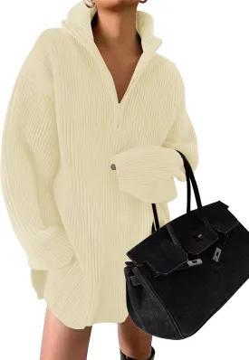 ZESICA Women's Long Sleeve Mini Sweater Dress Fall Quarter Zip Ribbed Knit Oversized Pullover Jumper Sweaters