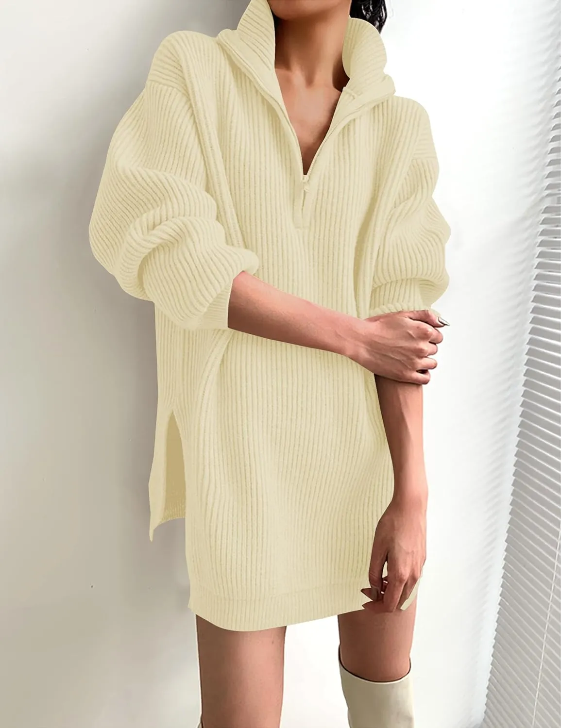 ZESICA Women's Long Sleeve Mini Sweater Dress Fall Quarter Zip Ribbed Knit Oversized Pullover Jumper Sweaters