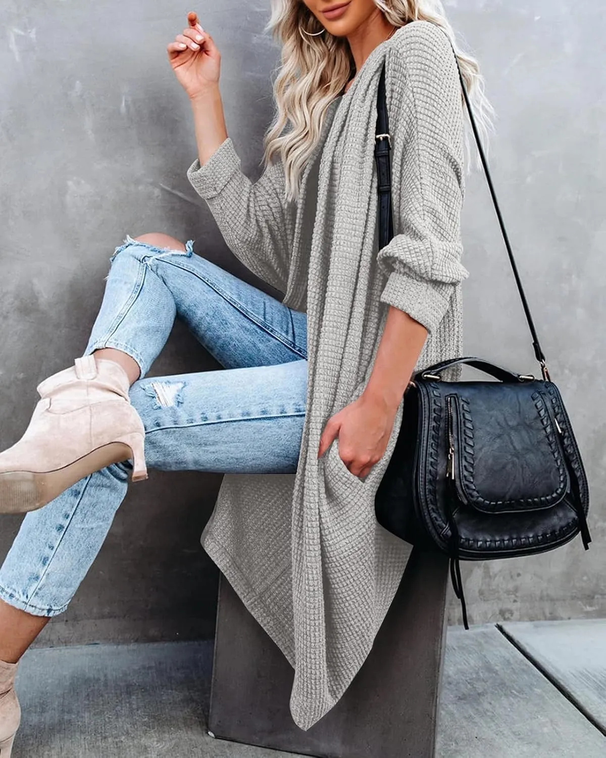 ZoeAce Womens Open Front Knit Cardigan Long Batwing Sleeve Oversized Sweater Chunky Waffle Cable Boho Pockets Coat